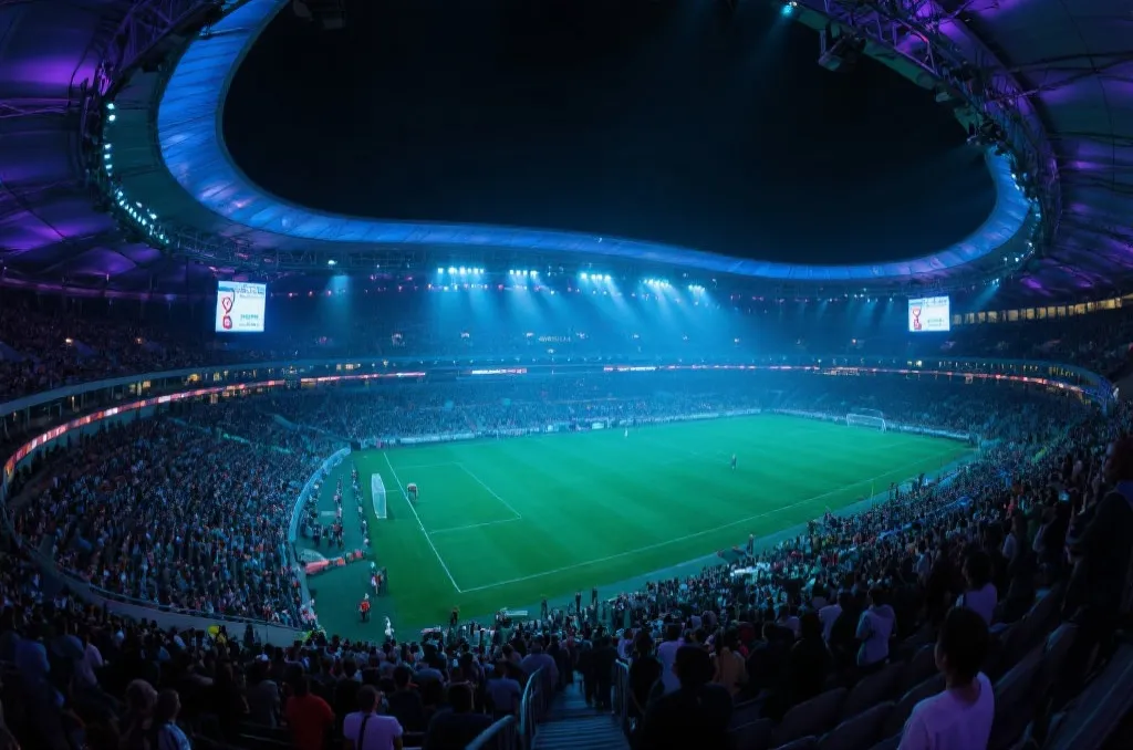 现代世界杯球场夜景，灯光与人群